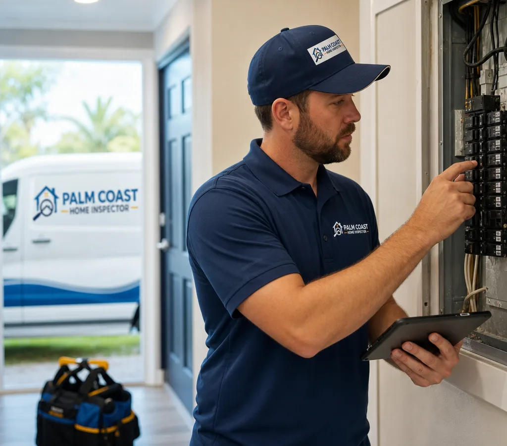 Inspector examining an electrical panel and documenting findings during a Palm Coast home inspection