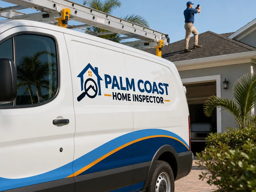 Inspector photographing visible roofline, eaves, and exterior conditions in Palm Coast