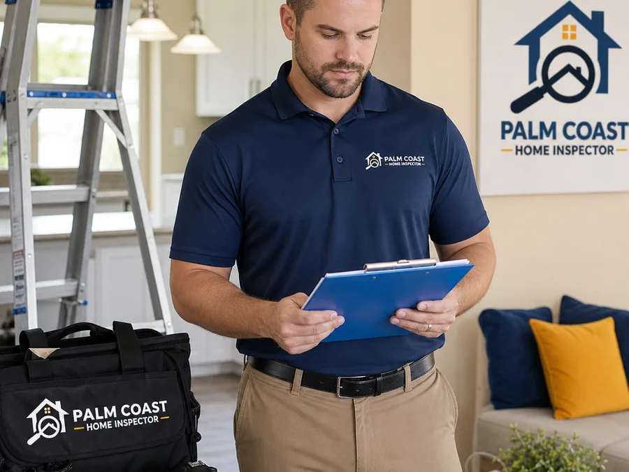 Professional Palm Coast home inspector reviewing a checklist beside inspection equipment